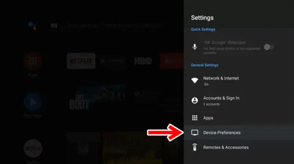 Device Preferences Option in TCL Android TV