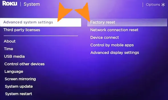 Factory Reset Option in Roku TV and Stick