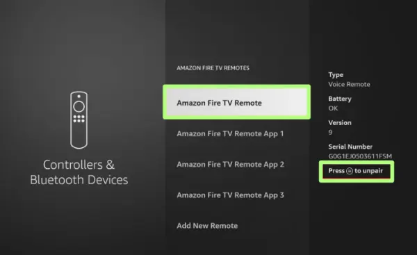 Amazon Fire TV Remotes Option in Settings